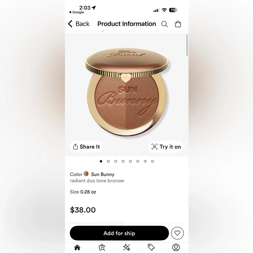 Too Faced Sun Bunny Radiant Duo Tone Bronzer - Brown and Gold